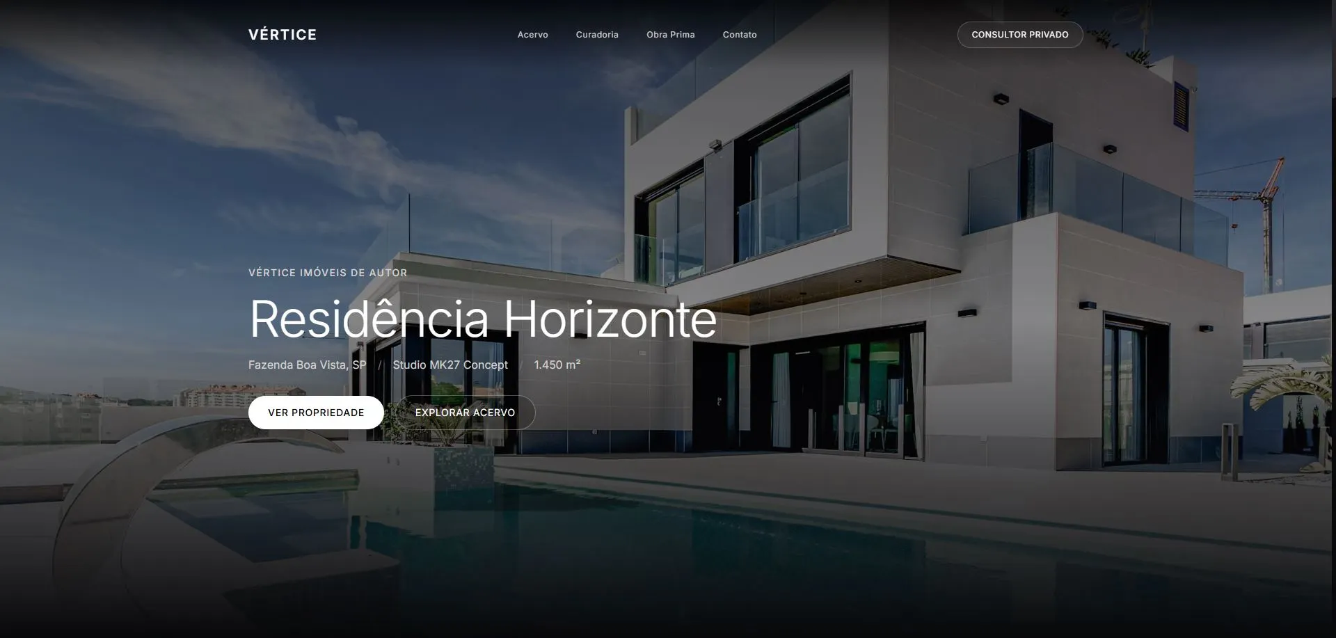 Site imobiliário Vértice com uma residência de arquitetura contemporânea