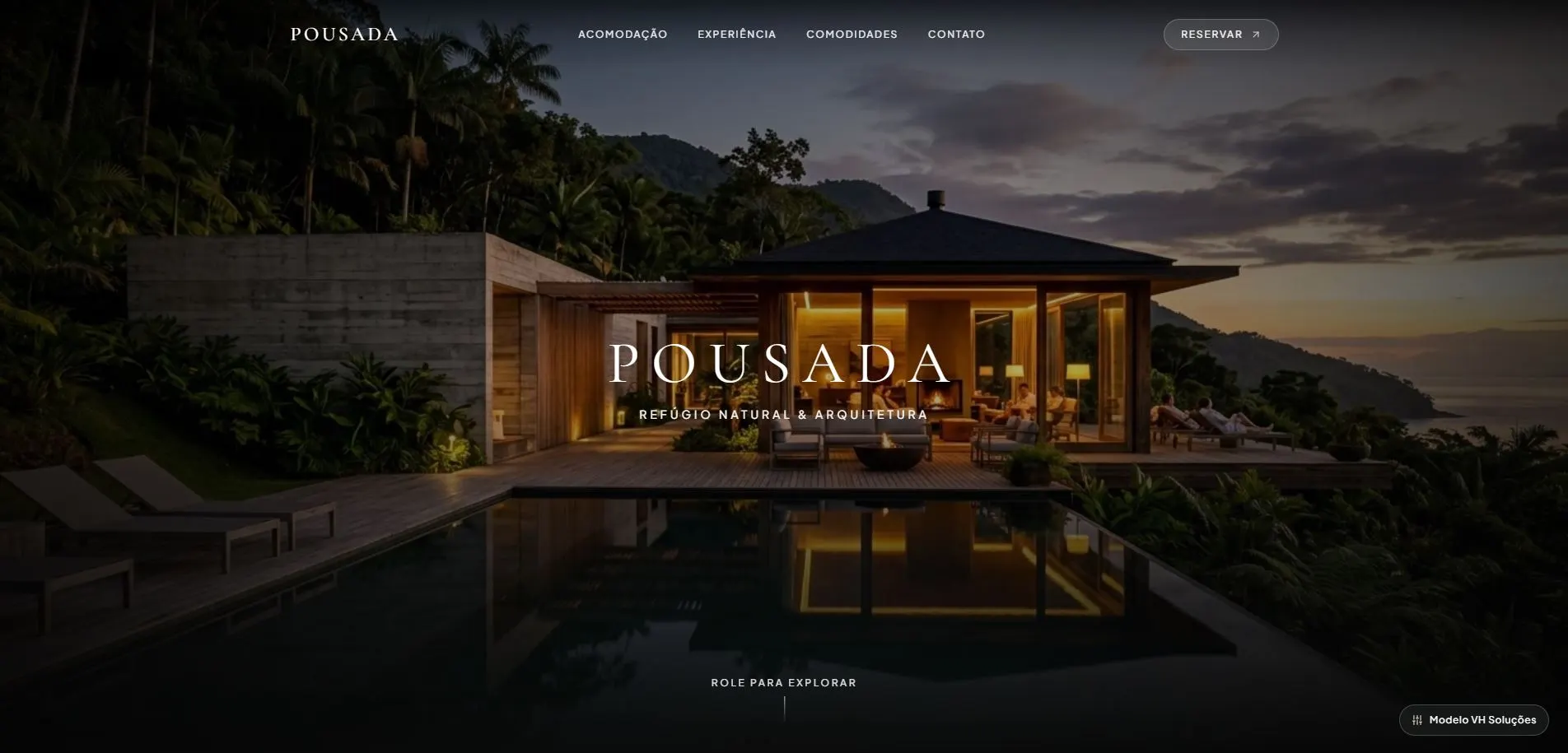 Site de pousada com apresentação de hospedagem e natureza