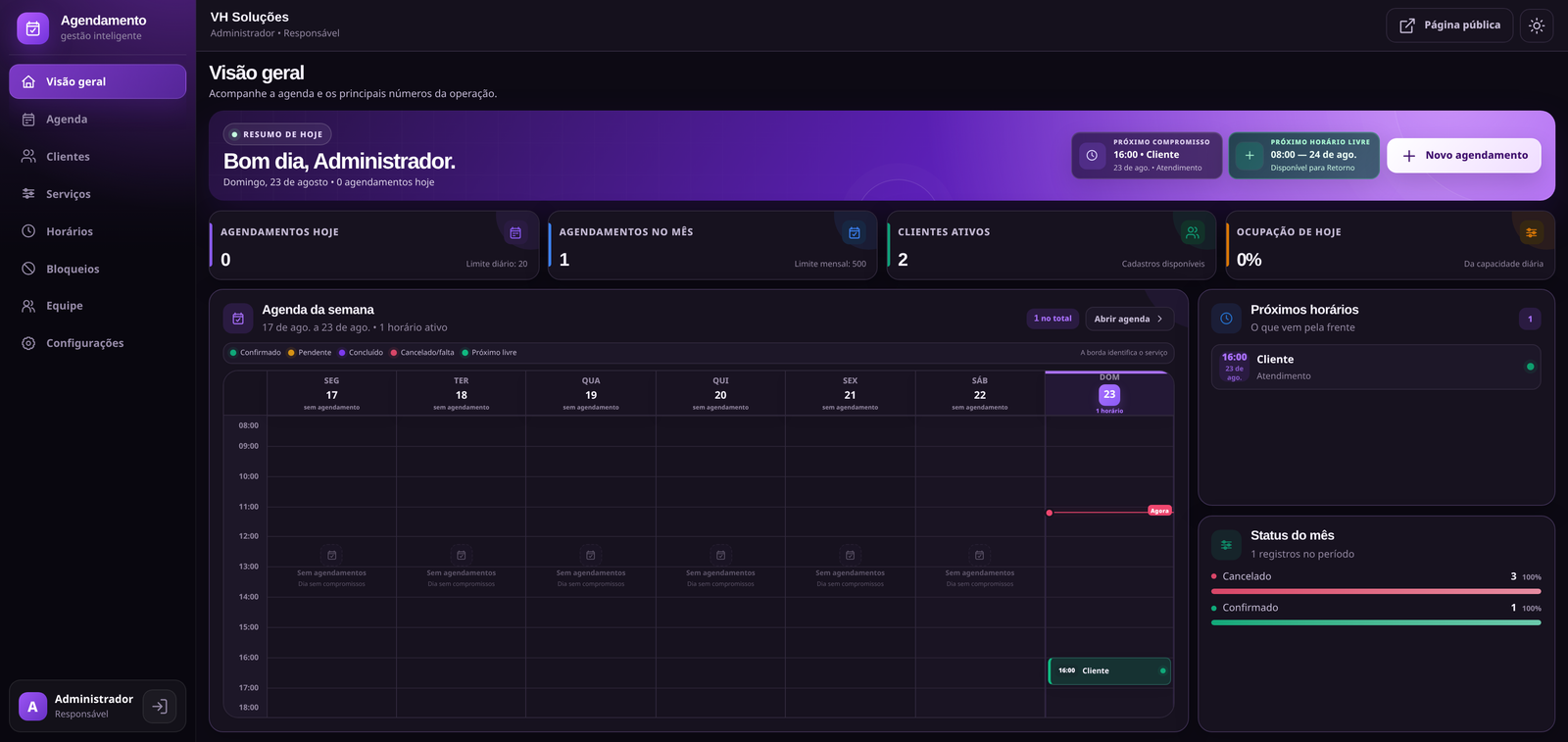 Interface de sistema de agendamento desenvolvido pela VH Soluções