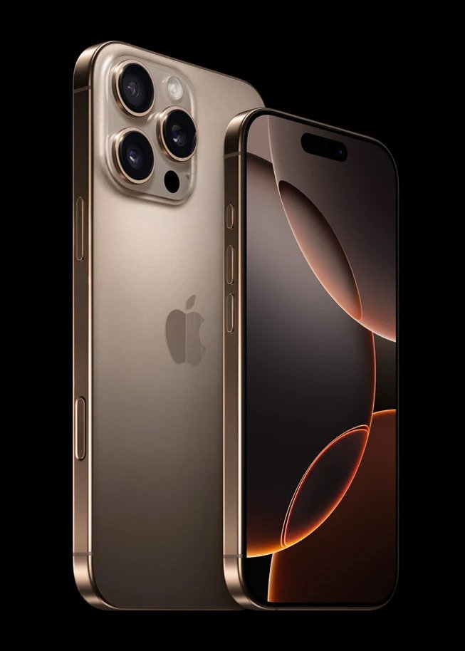 iPhone 16 Pro em titânio-deserto, visto de frente e de costas