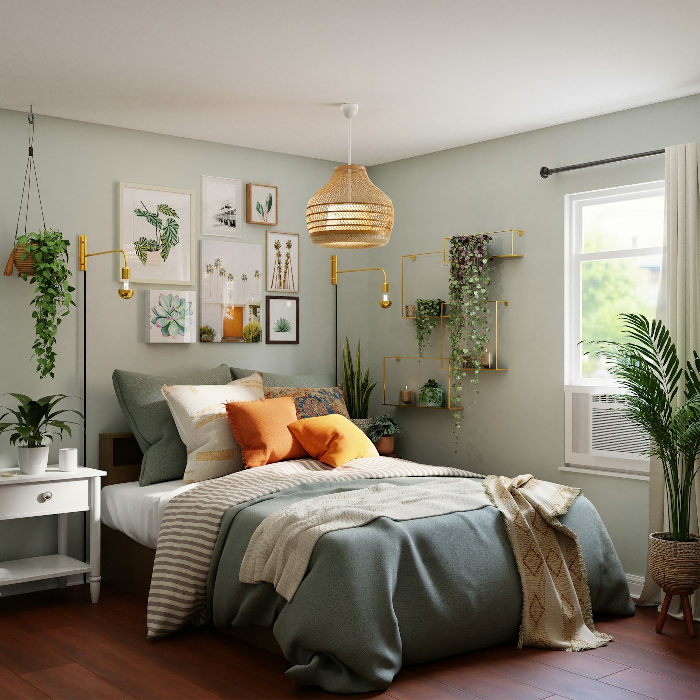 Quarto com cabeceira de madeira, apoio lateral e uma composição acolhedora.