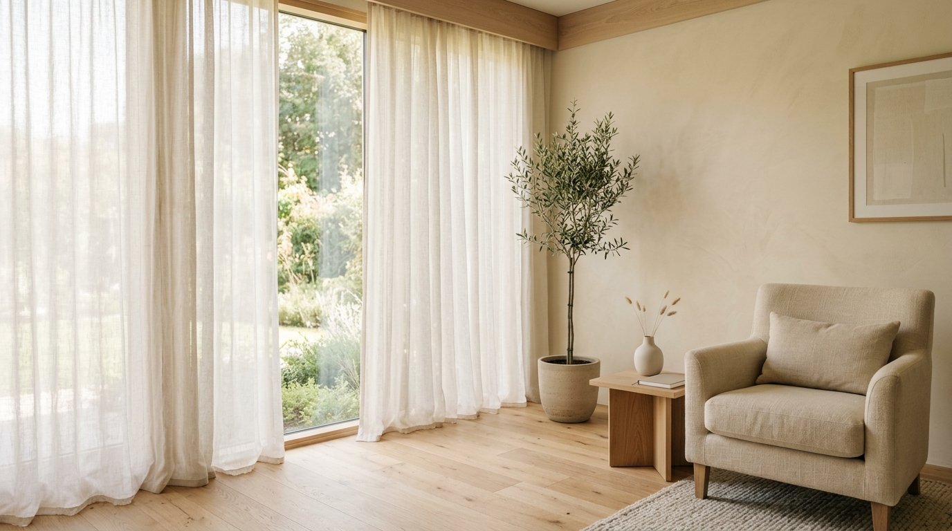 Ambiente acolhedor do consultório com poltrona de linho, madeira natural e luz filtrada