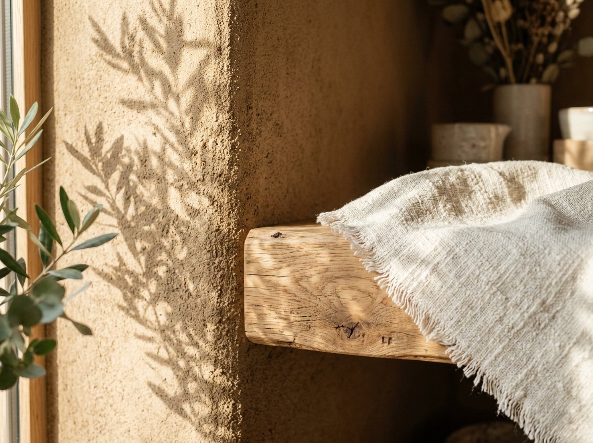 Detalhe sensorial de luz natural projetada sobre linho e texturas orgânicas